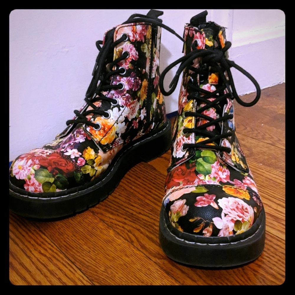 T.U.K. Black Floral Combat Boots Anarchic